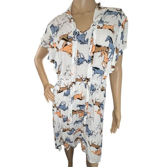 ModCloth Horse Print Midi Short Sleeve Dress With Neck Tie - Picture 1 of 5
